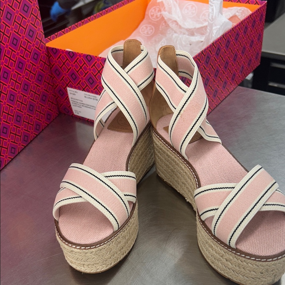 Tory Burch Pink and Cream Wedge Sandals